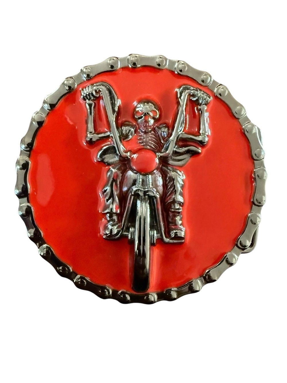 Vintage Biker Round Belt Buckle Chopper Motorcycle Red & Silver Tone